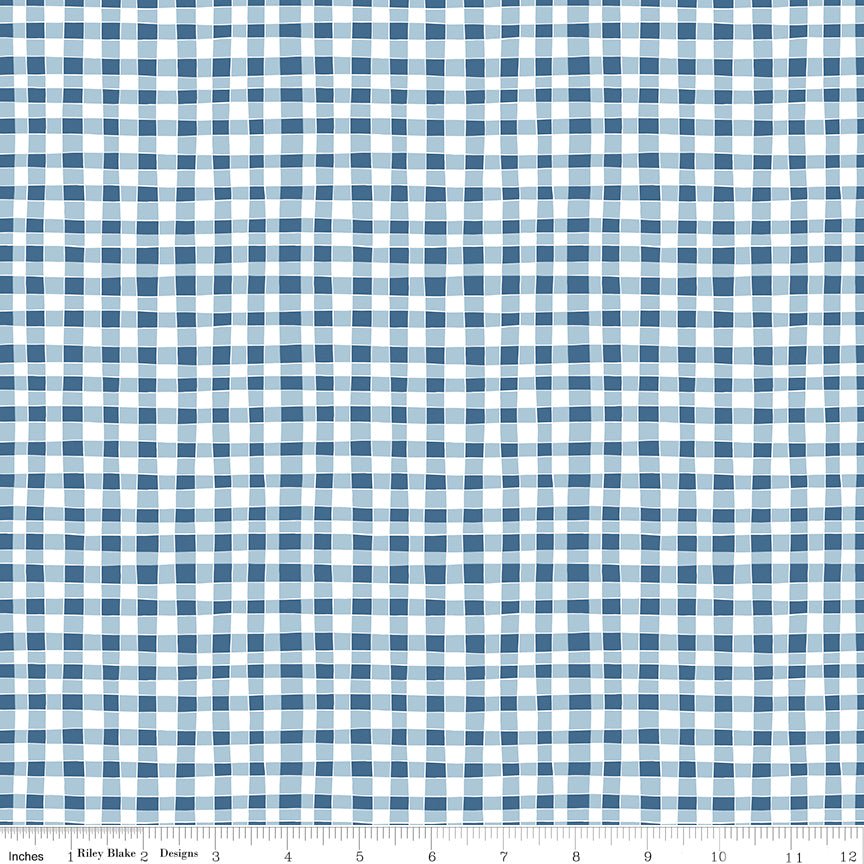 Firework Fields Gingham Blue Fabric — Hand - Drawn Gingham Check, By the Yard - Ray of Sonshine Design