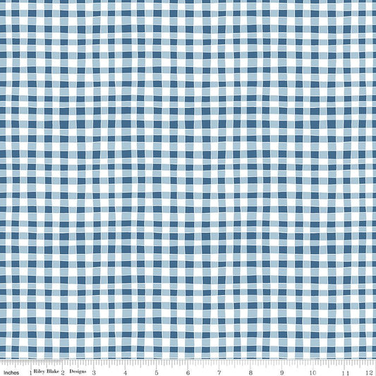Firework Fields Gingham Blue Fabric — Hand - Drawn Gingham Check, By the Yard - Ray of Sonshine Design