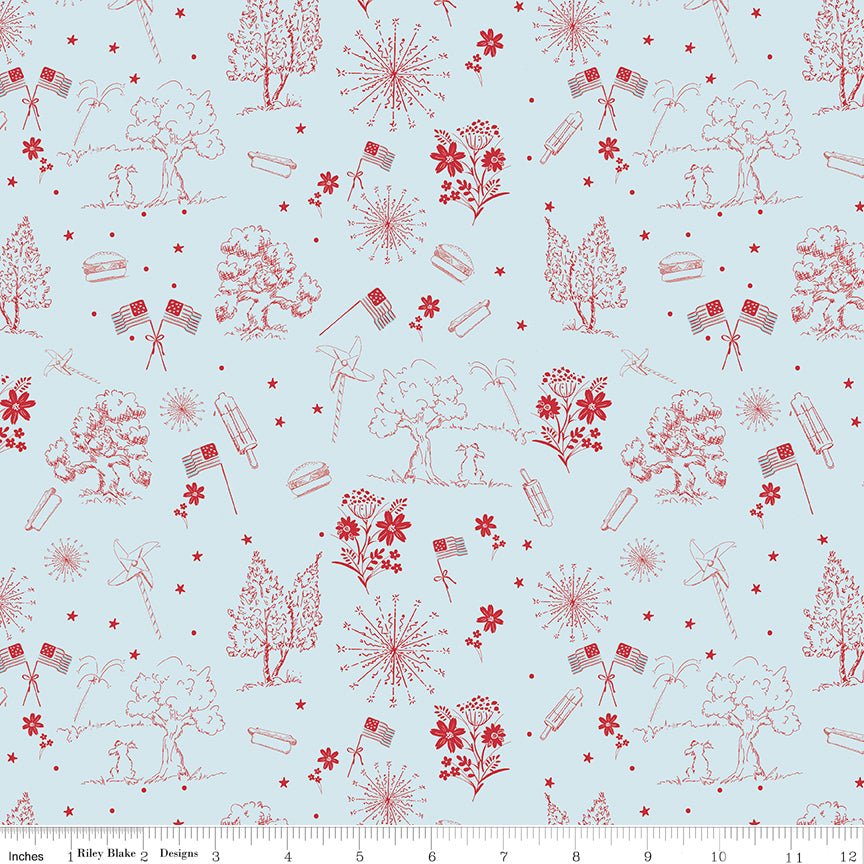 Firework Fields Independence Toile Light Blue — Quilting Fabric by the Yard - Ray of Sonshine Design
