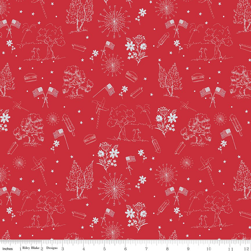 Firework Fields Independence Toile Red by Riley Blake - Fabric by the Yard - Ray of Sonshine Design