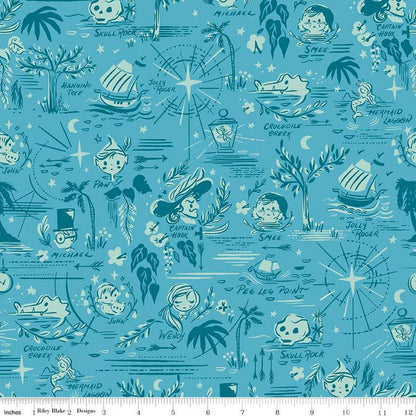 Forever Neverland Neverland Map Lagoon - C15902 - PEACOCK - Riley Blake Designs - Map of Neverland - Cotton Fabric by the yard - Ray of Sonshine Design