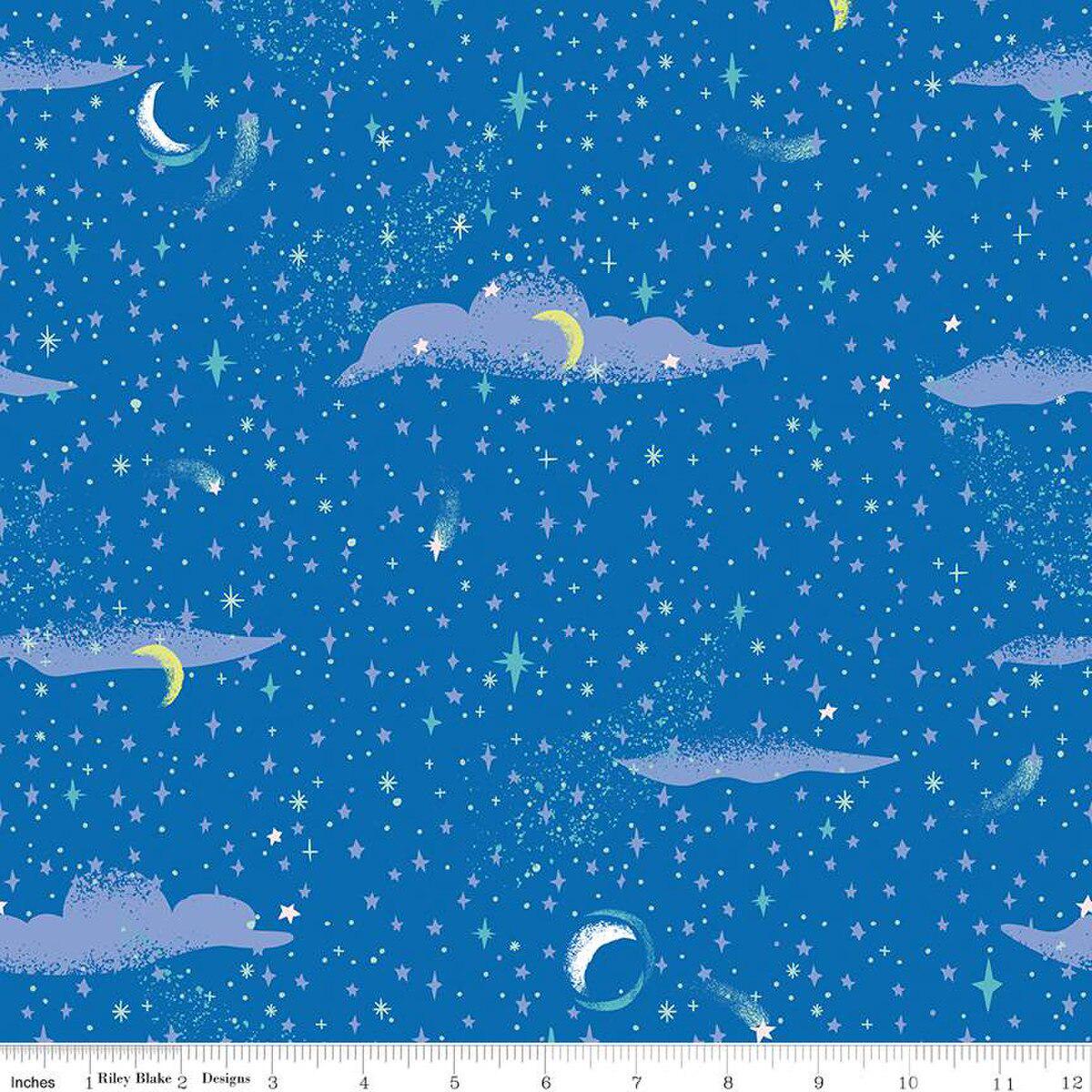 Forever Neverland Pixie Dust Sapphire - C15905 - SAPPHIRE - Riley Blake Designs - Sky with clouds, moons, and stars - Cotton Fabric by the yard - Ray of Sonshine Design