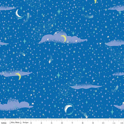 Forever Neverland Pixie Dust Sapphire - C15905 - SAPPHIRE - Riley Blake Designs - Sky with clouds, moons, and stars - Cotton Fabric by the yard - Ray of Sonshine Design