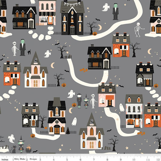 Frank and Friends Houses Gray Riley Blake Quilting Fabric by the Yard - Ray of Sonshine Design