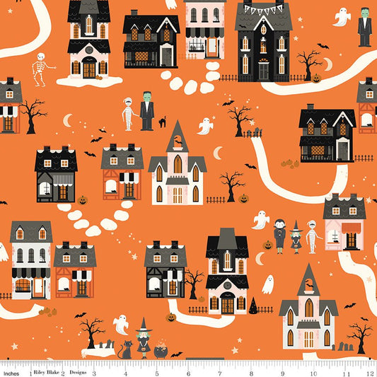 Frank and Friends Houses Orange Riley Blake Designs Fabric by the Yard - Ray of Sonshine Design