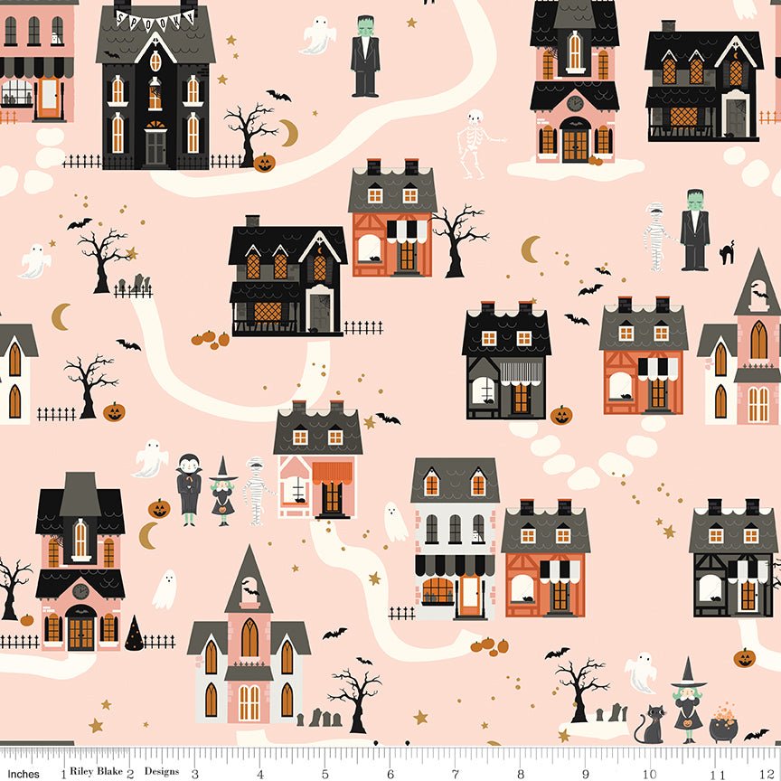 Frank and Friends Houses Pink Riley Blake Designs Fabric by the Yard - Ray of Sonshine Design