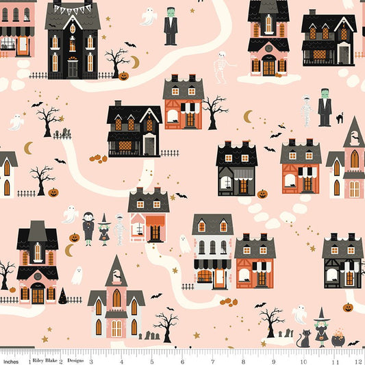 Frank and Friends Houses Pink Riley Blake Designs Fabric by the Yard - Ray of Sonshine Design