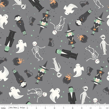 Frank and Friends Main Gray Halloween My Mind's Eye Riley Blake Fabric by the Yard - Ray of Sonshine Design