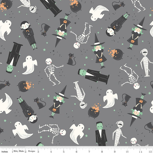 Frank and Friends Main Gray Halloween My Mind's Eye Riley Blake Fabric by the Yard - Ray of Sonshine Design