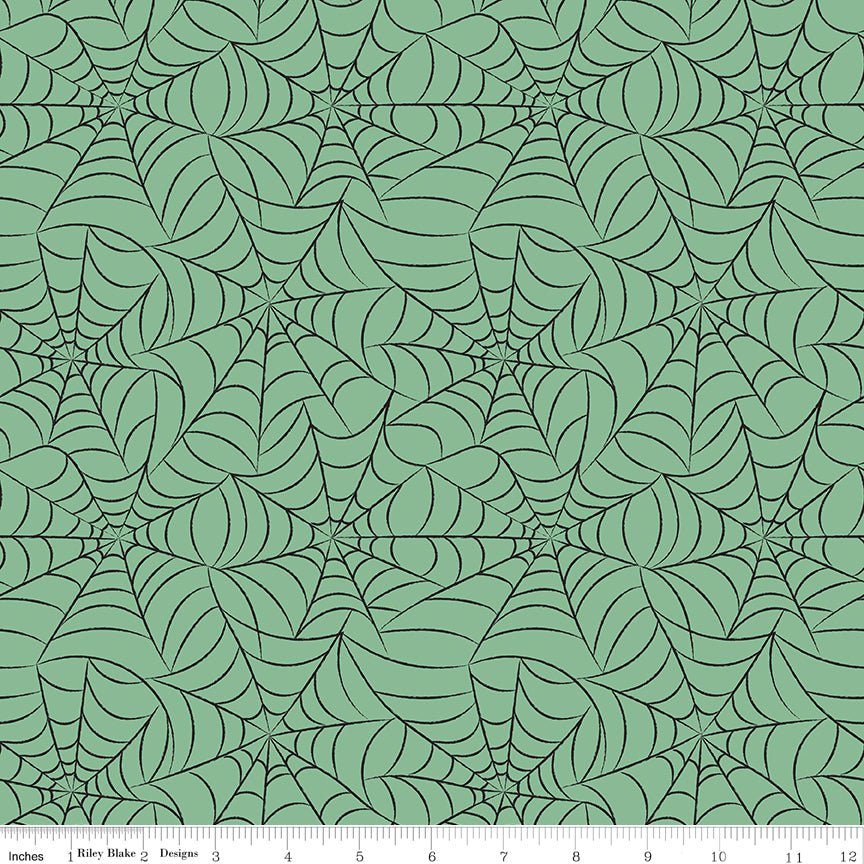 Frank and Friends Webs Green Halloween My Mind's Eye Riley Blake Fabric by the Yard - Ray of Sonshine Design