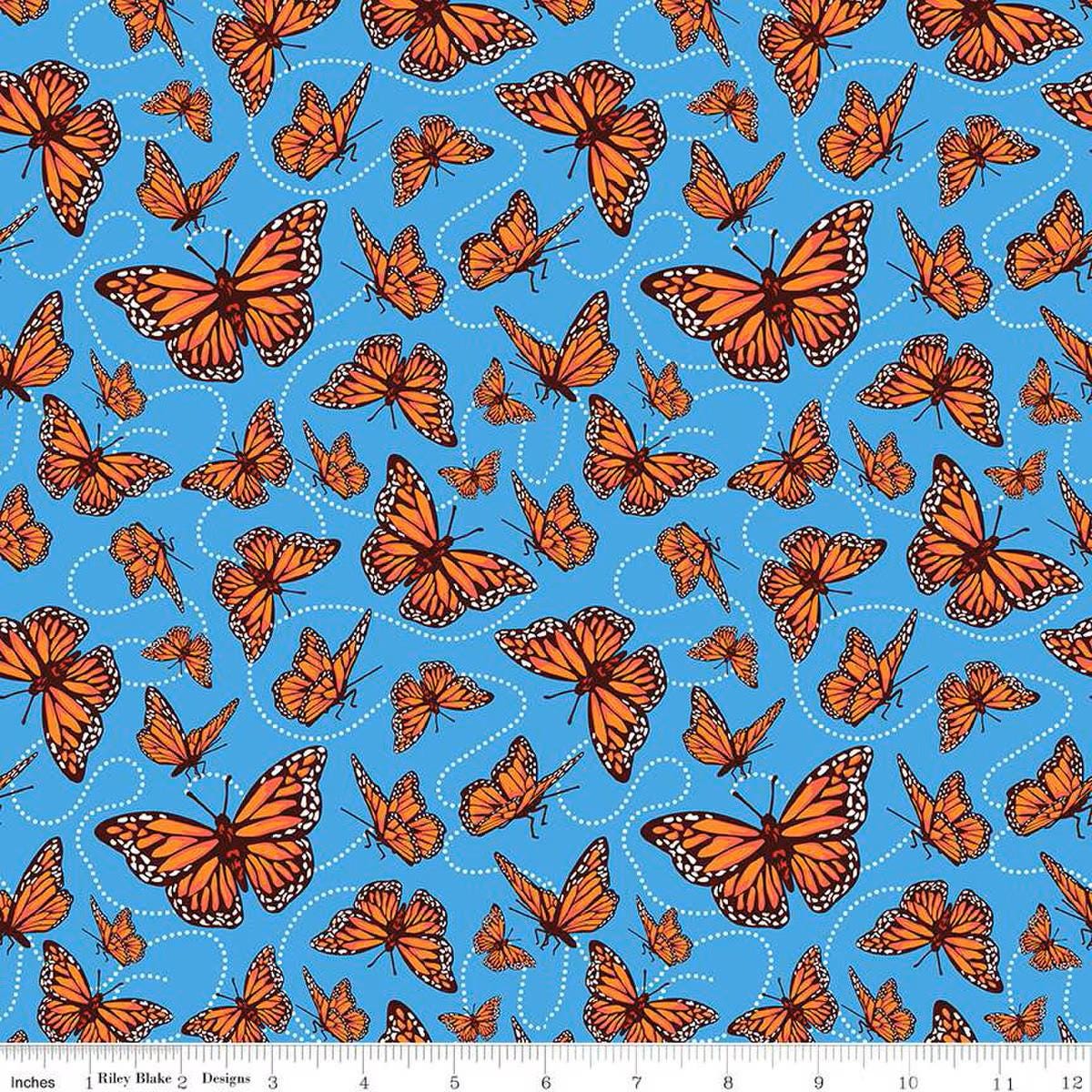 Friendship Florals Monarchs Blue - Riley Blake Designs - Cotton Fabric by the yard - C15843 - BLUE - Ray of Sonshine Design