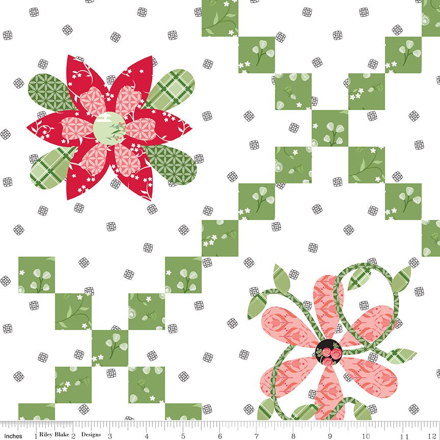 Front Porch Flower Chain Cheater Print Riley Blake Quilting Cotton Fabric by the Yard White - Ray of Sonshine Design