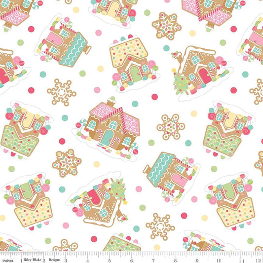 Gingerbread Kisses Main White - Riley Blake Designs - Quilting Cotton Fabric by the yard - Christmas Holiday - C16440 - WHITE - Ray of Sonshine Design