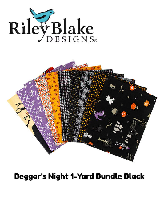 Beggar's Night 1-Yard Bundle Black - 10 Pieces - Riley Blake - Precut - 9 Prints 1 Panel - Quilting Cotton Fabric