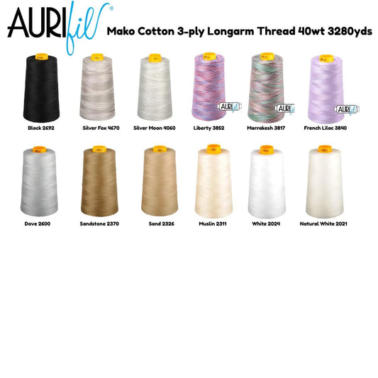 Aurifil Cotton Forty3 Cone - Longarm Thread Mako Cotton 3-ply 40wt 3280yds - 12 Colors Available