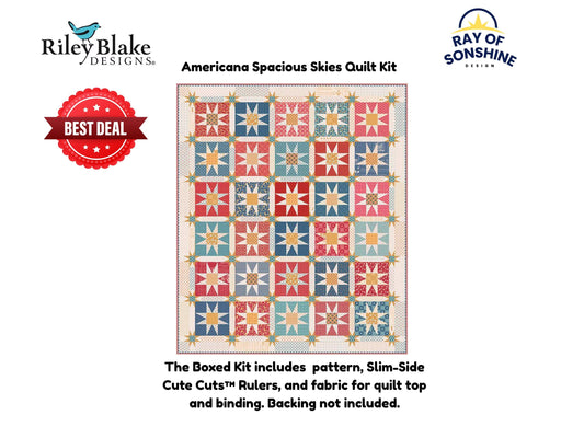 Americana Spacious Skies Quilt Kit includes pattern, Slim-Side Cute Cuts™ Rulers, and fabric for quilt top and binding. Backing not included