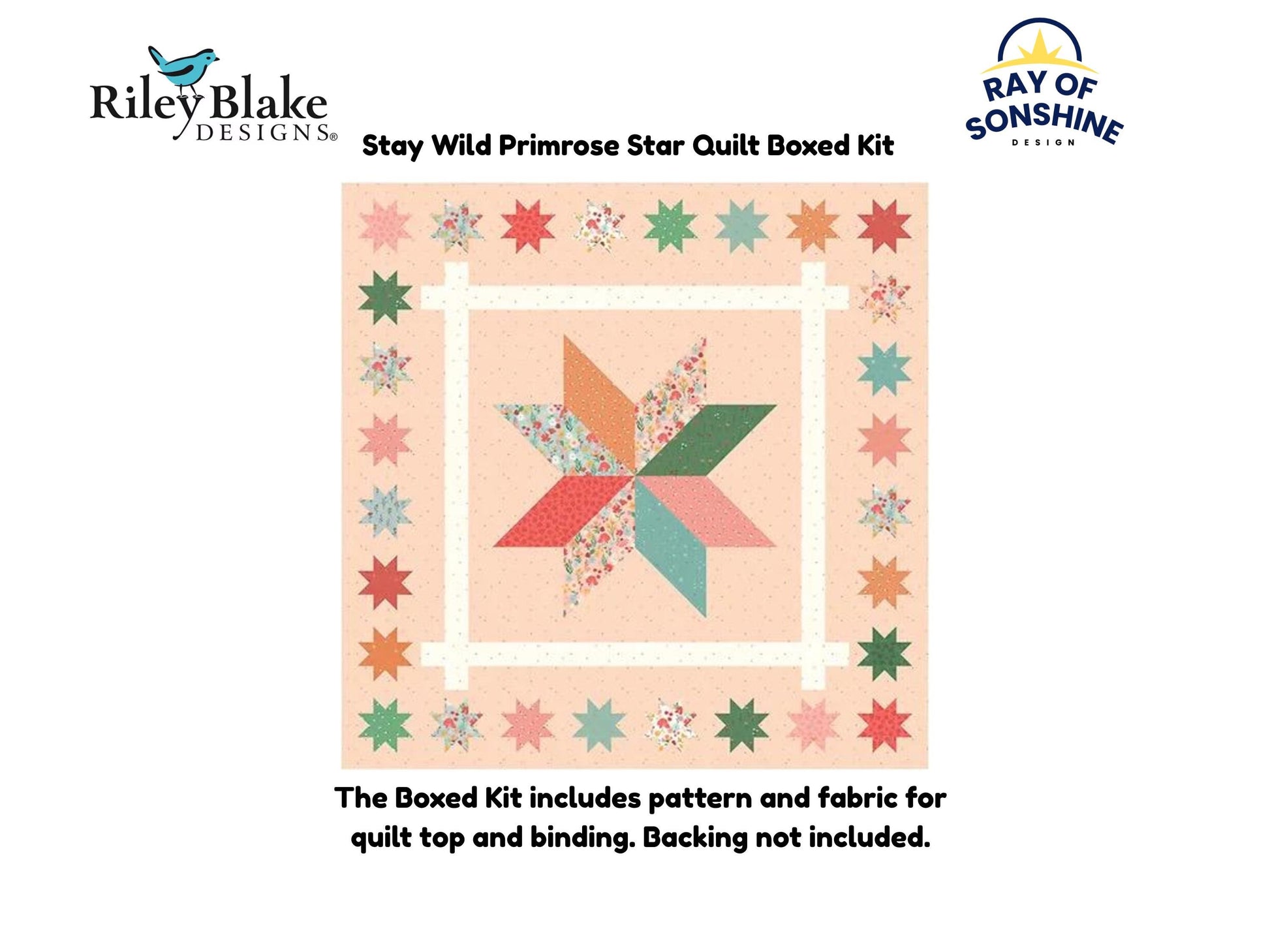 Stay Wild Primrose Star Quilt Boxed Kit includes pattern and fabric for quilt top and binding. Backing not included.