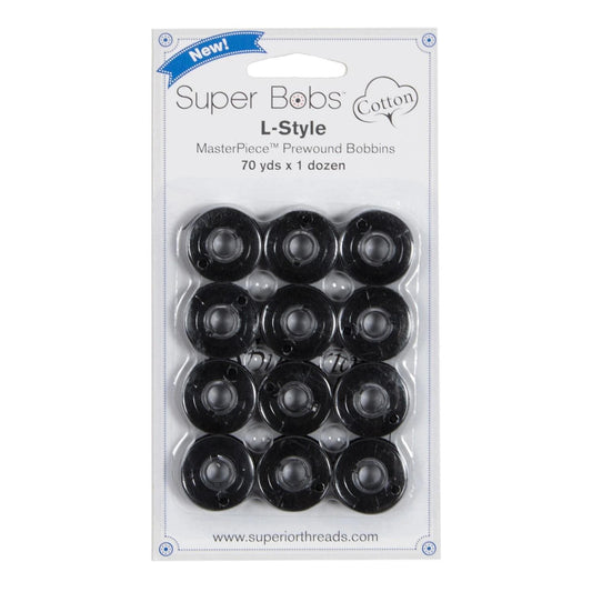 Super Bobs MasterPiece Cotton 70yd Prewound Bobbins 12ct L-Style Raven 149-12-161