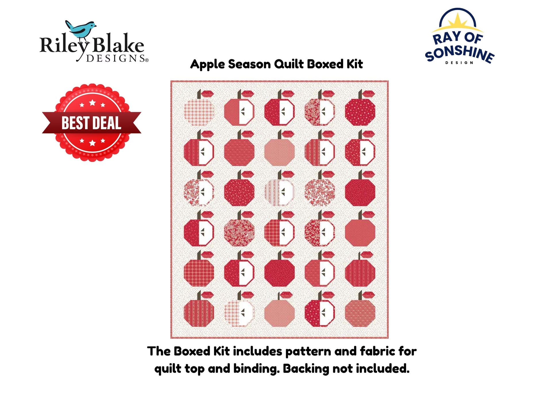 Apple Season Quilt Boxed Kit includes pattern and fabric for quilt top and binding. Backing not included.