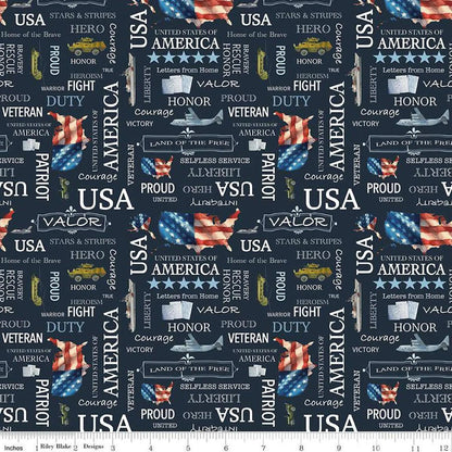 Letters From Home Text C15611-Navy - Riley Blake Designs - America Patriotic USA - Military USA Freedom Soldiers - Quilting Cotton Fabric