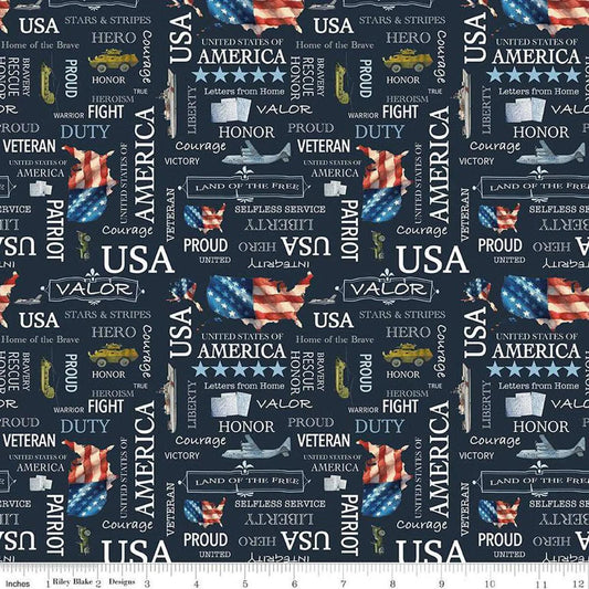 Letters From Home Text C15611-Navy - Riley Blake Designs - America Patriotic USA - Military USA Freedom Soldiers - Quilting Cotton Fabric