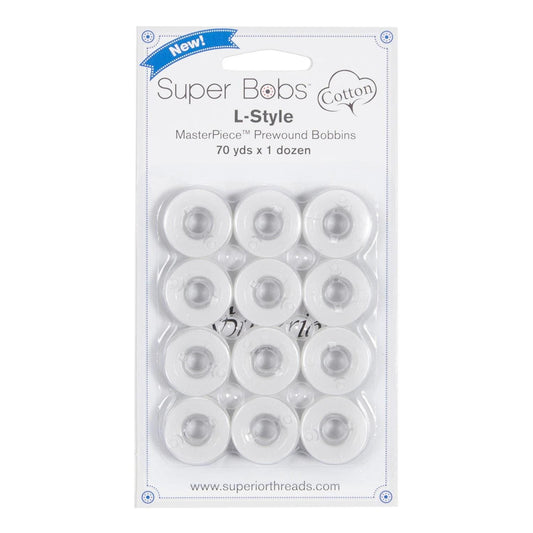 Super Bobs MasterPiece Cotton 70yd Prewound Bobbins 12ct L-Style Blanc 149-12-186