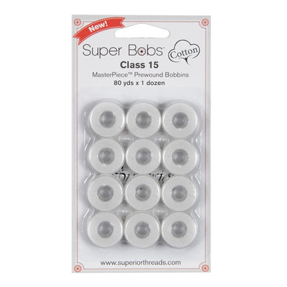 Super Bobs MasterPiece Cotton 80yd Prewound Bobbins 12ct Class 15 Blanc 150-12-186