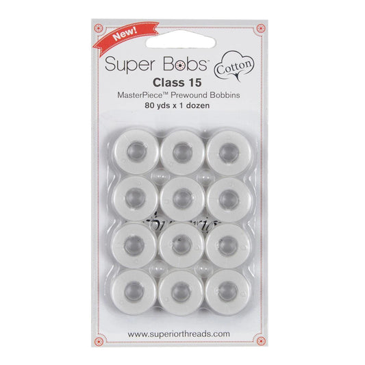 Super Bobs MasterPiece Cotton 80yd Prewound Bobbins 12ct Class 15 Blanc 150-12-186