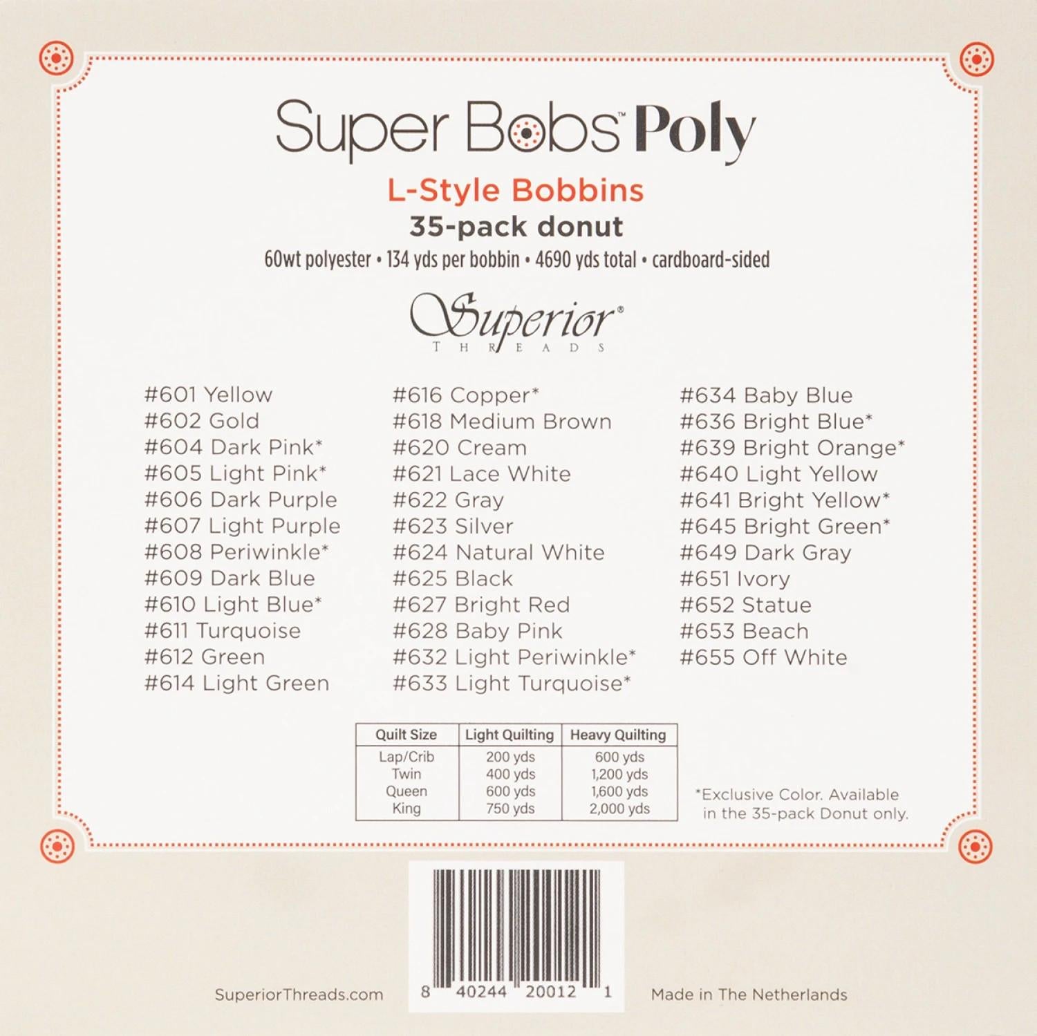 SuperBobs Polyester Bobbin 35 Color L-Style Donut Set 300-SBD-35
