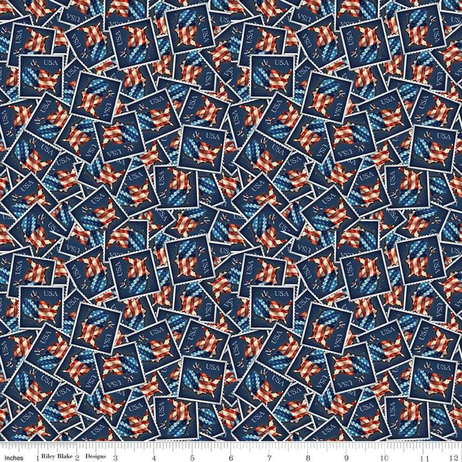Letters From Home Stamps C15613-Navy - Riley Blake Designs - Postage Stamps Mail America Patriotic USA - Quilting Cotton Fabric