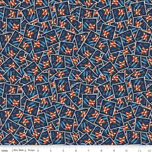 Letters From Home Stamps C15613-Navy - Riley Blake Designs - Postage Stamps Mail America Patriotic USA - Quilting Cotton Fabric