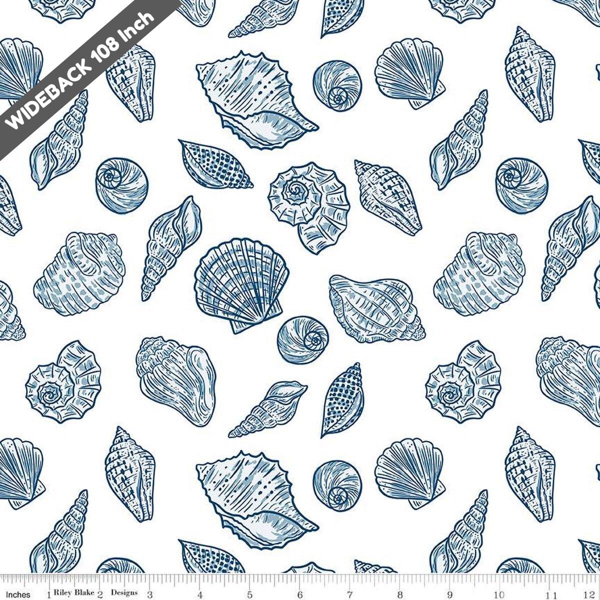 Wide Back Ocean Oasis Seashells White WB15997-WHITE - Black Riley Blake 107/108" Wide Quilting Cotton Fabric
