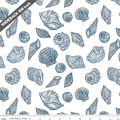 Wide Back Ocean Oasis Seashells White WB15997-WHITE - Black Riley Blake 107/108" Wide Quilting Cotton Fabric