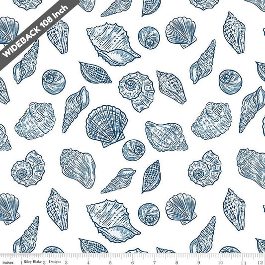 Wide Back Ocean Oasis Seashells White WB15997-WHITE - Black Riley Blake 107/108" Wide Quilting Cotton Fabric