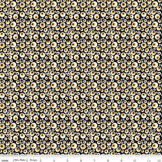 Beggar's Night Eyeballs Black - GLOW in the DARK - Riley Blake Designs - Cotton Fabric by the yard - GC14503-BLACK - Halloween Fabric