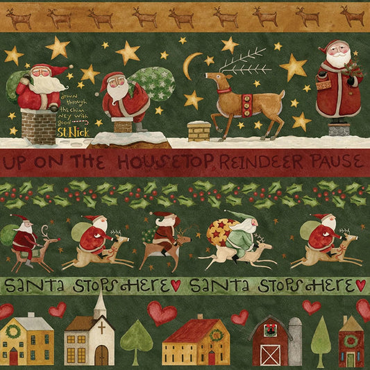 Up on the Housetop Border Stripe Green- Riley Blake Designs - Cotton Fabric by the yard - C14736-GREEN - Christmas Fabric