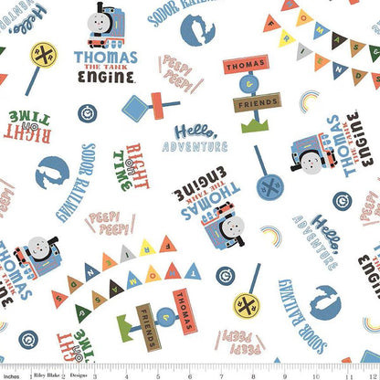 Thomas & Friends Sodor Railway Words White - Riley Blake Designs - Cotton Fabric by the yard - C15081-WHITE