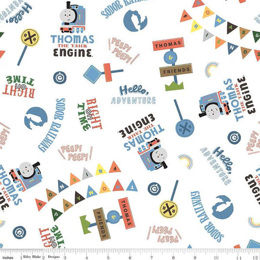 Thomas & Friends Sodor Railway Words White - Riley Blake Designs - Cotton Fabric by the yard - C15081-WHITE