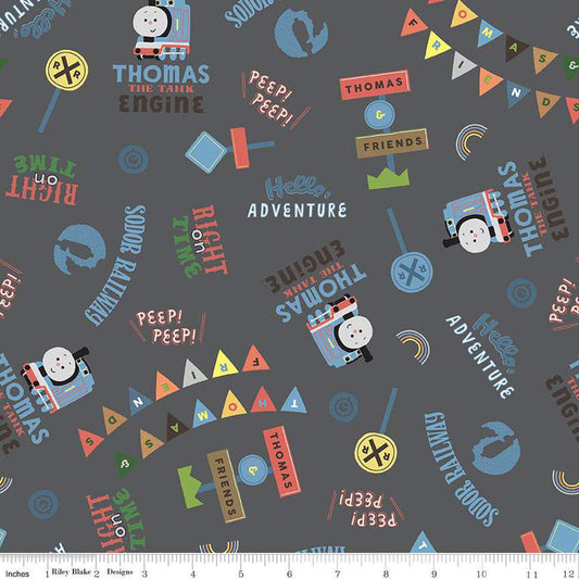 Thomas & Friends Sodor Railway Words Charcoal - Riley Blake Designs - Cotton Fabric by the yard - C15081-CHARCOAL