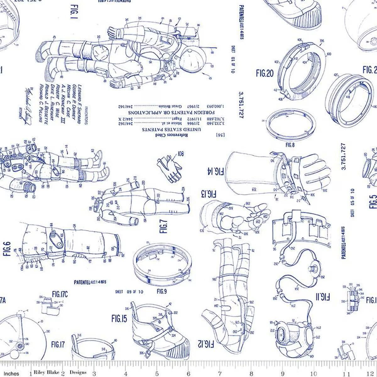 Outer Space by NASA Spacesuit Patent White - Riley Blake Designs - Cotton Fabric by the yard - C15485-WHITE