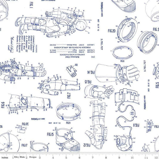 Outer Space by NASA Spacesuit Patent White - Riley Blake Designs - Cotton Fabric by the yard - C15485-WHITE