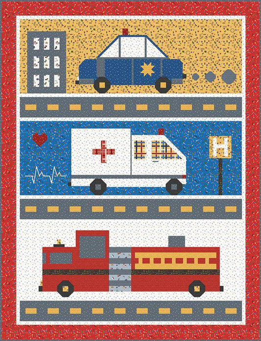 Save the Day Boxed Kit includes pattern and fabric for quilt top and binding. Backing not included. KT-15460