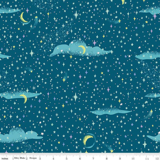 Forever Neverland Pixie Dust Night - C15905-NIGHT - Riley Blake Designs -sky with clouds, moons, and stars - Cotton Fabric by the yard