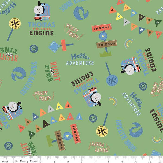 Thomas & Friends Sodor Railway Words Green - Riley Blake Designs - Cotton Fabric by the yard - C15081-GREEN