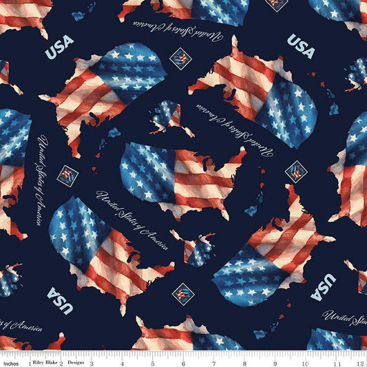 Letters From Home Main Navy - Riley Blake Designs - Map American Flag Patriotic USA United States - Quilting Cotton Fabric - C15610-NAVY