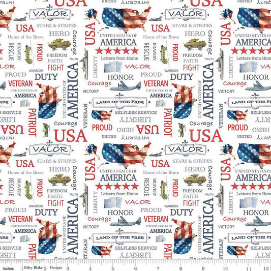 Letters From Home Text White - Riley Blake Designs - America Patriotic USA Freedom Soldiers - Quilting Cotton Fabric - C15611-WHITE