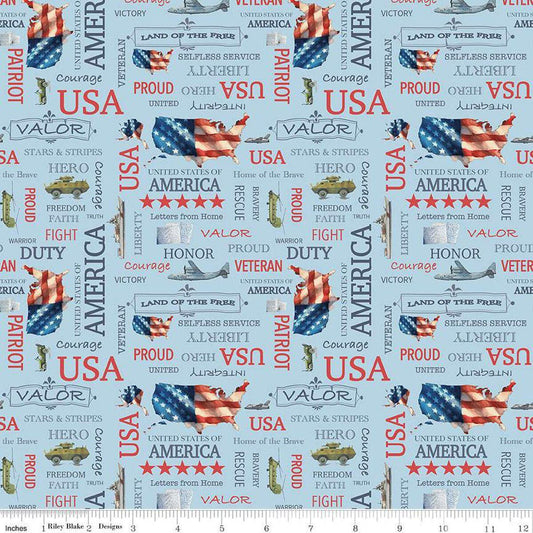 Letters From Home Text Blue - Riley Blake Designs - America Patriotic USA Freedom Soldiers - Quilting Cotton Fabric - C15611-BLUE