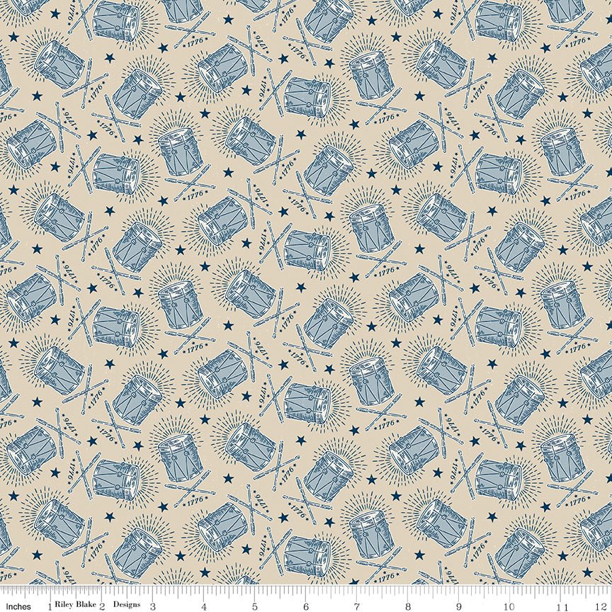 Independence Drums Beige Riley Blake Quilting Cotton Fabric by the Yard - Ray of Sonshine Design