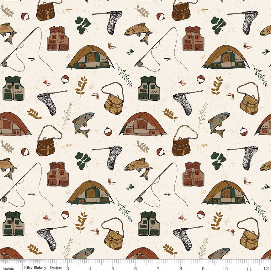 Let's Wander Gone Fishing Cream - Riley Blake Quilting Cotton Fabric - Ray of Sonshine Design