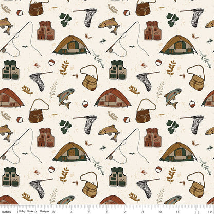 Let's Wander Gone Fishing Cream - Riley Blake Quilting Cotton Fabric - Ray of Sonshine Design